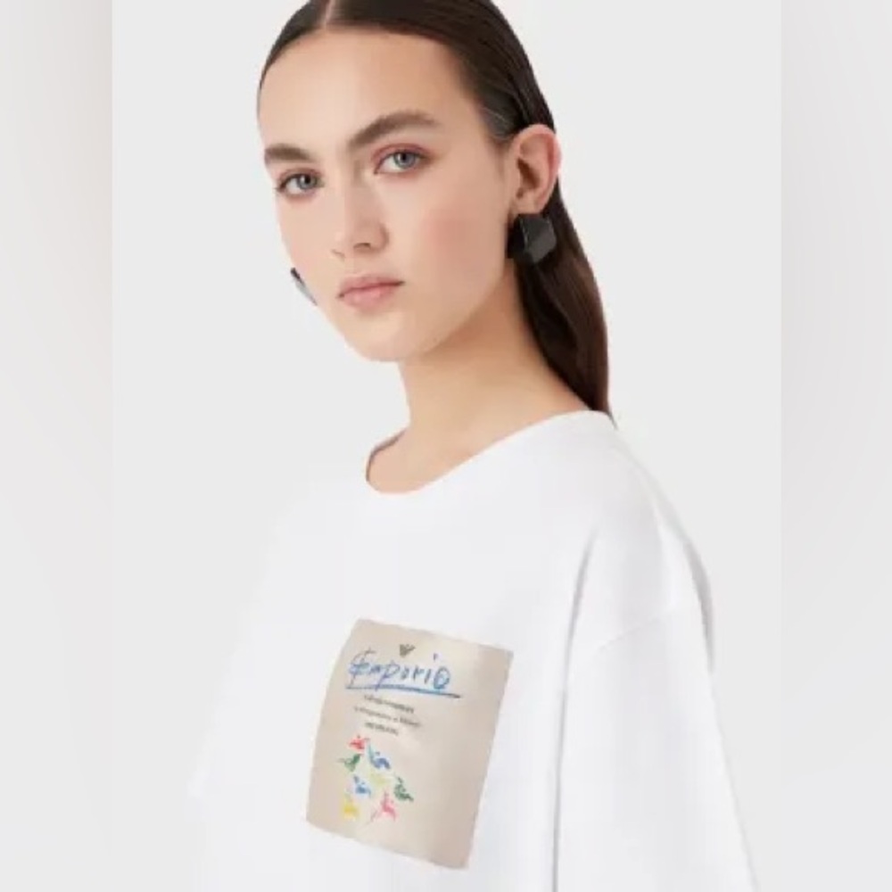 Like new, Armani Chic white logo patch tee in perfect condition, size S-M